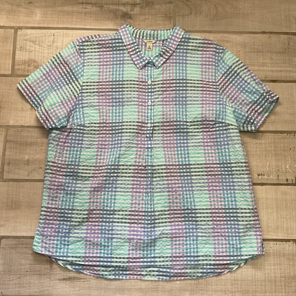 L.L. Bean Pastel Plaid Short Sleeve Button-Down (Mint, Lavender, Light Blue)
